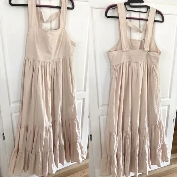 By Anthropologie Midi Apron Dress Ivory Cream with Pockets Small - Picture 2 of 12